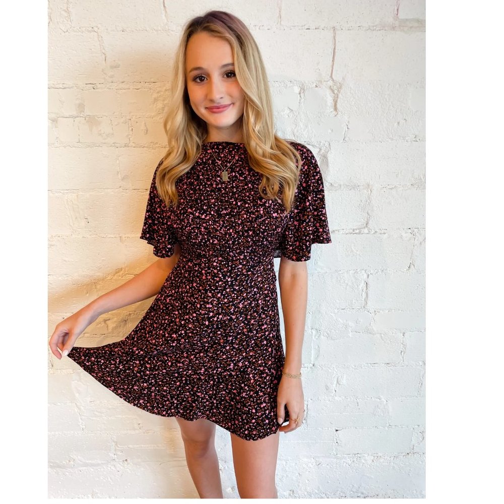 NEW Free People Florence Mini Dress Floral Lace Up Smocked Evening Combo Black - Picture 12 of 12